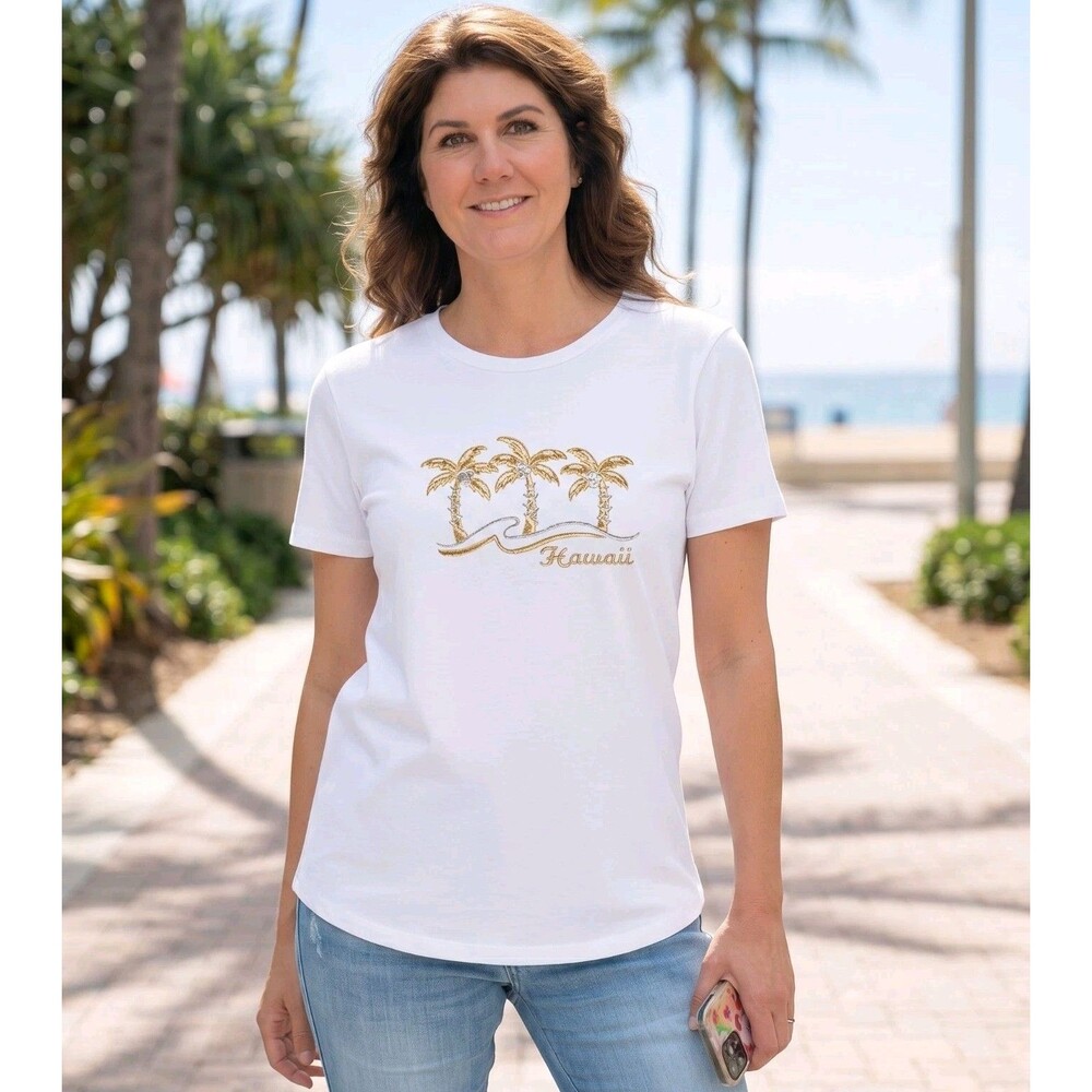 Vintage Anvil Hawaii T Shirt Size S White Embroidered Palm Trees 100% Cotton USA